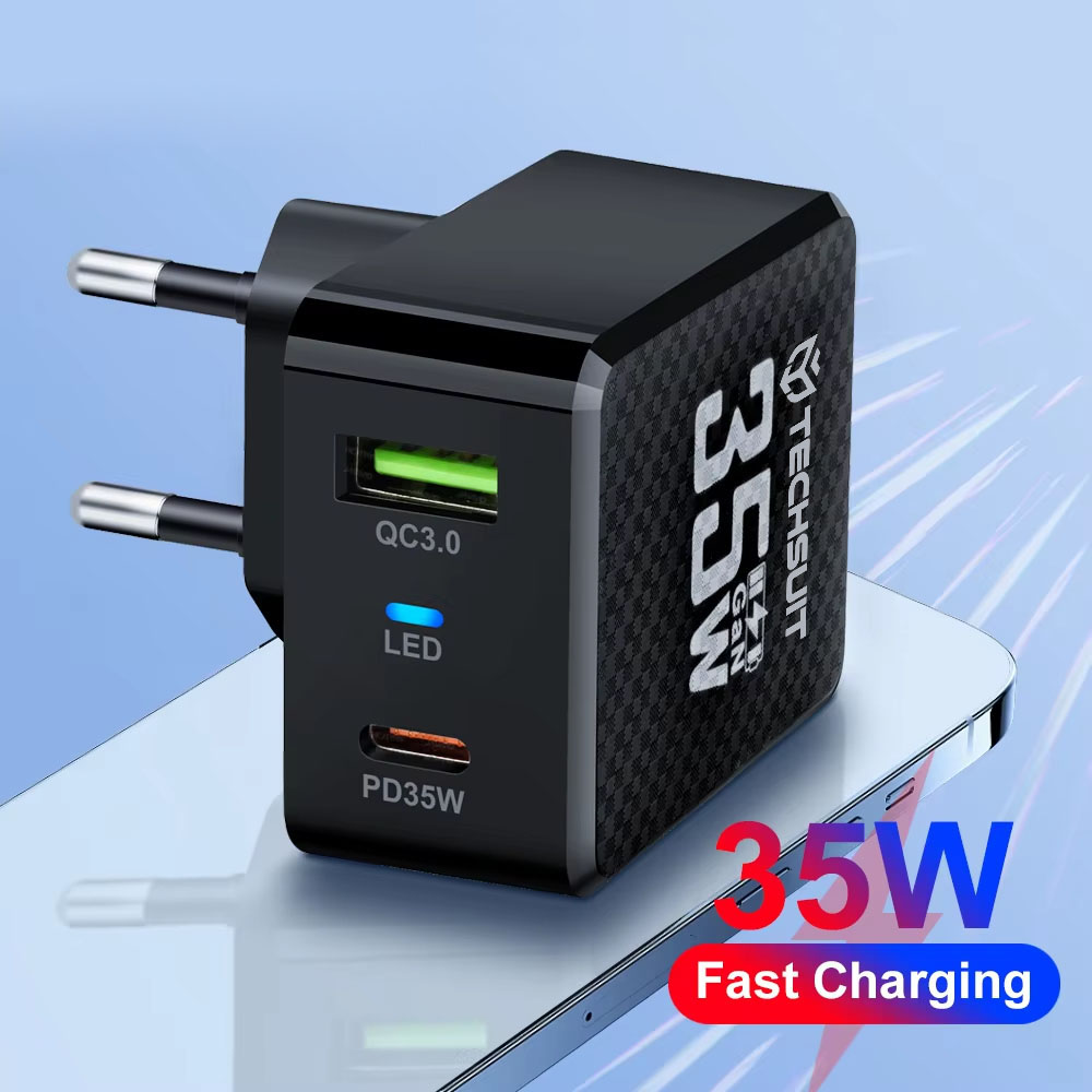 Techsuit Caricabatterie da rete – GaN, USB, Type - C, Rapido caricamento, PD35W – Nera