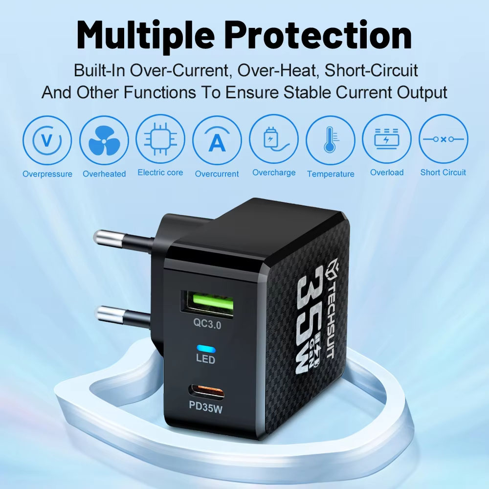 Techsuit Caricabatterie da rete – GaN, USB, Type - C, Rapido caricamento, PD35W – Nera