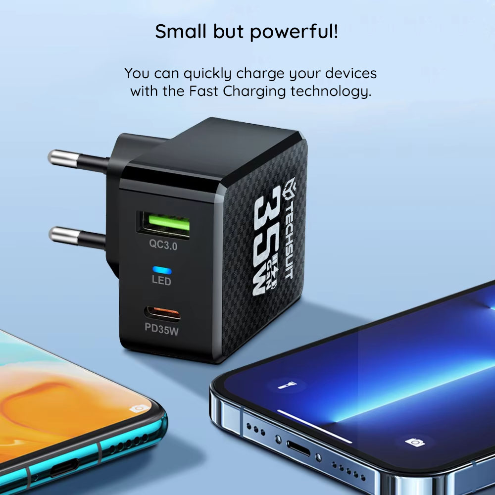 Techsuit Caricabatterie da rete – GaN, USB, Type - C, Rapido caricamento, PD35W – Nera