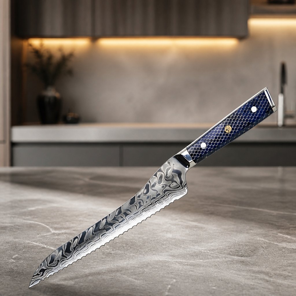Coltello da cucina damascato YU-37415 - Pane / Blu